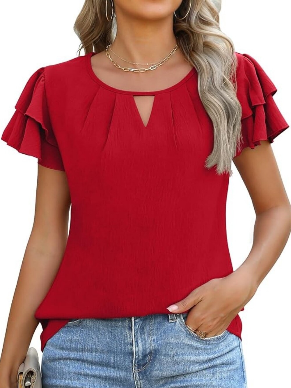NWOT Gleeneat Women’s Red Ruffle Sleeve Keyhole Top - Size M